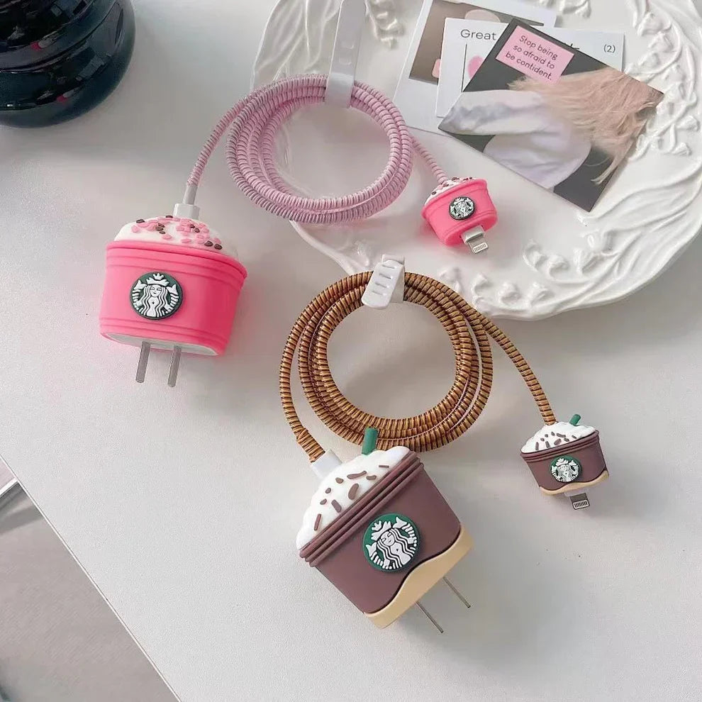 Iphone Charger Case Cover - Pink Starbuck - 4 Piece Set (With Wire Protector)