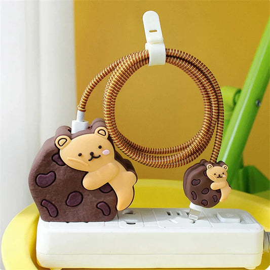 Iphone Charger Case Cover - Bear Cookie - 4 Piece Set (With Wire Protector)