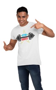 Gym Addict, (BG White, Red and Yellow), Barbell In Middle, Round Neck Gym Tshirt (White Tshirt) - Clothes for Gym Lovers - Suitable for Gym Going Person - Foremost Gifting Material for Your Friends and Close Ones