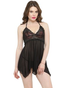 N-Gal Women's Asymmetrical Sheer Babydoll Dress Nightwear with G-String_Black