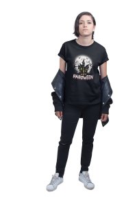 Halloween, Scary House(BG Black)- Printed Tees for Women's -designed for Halloween