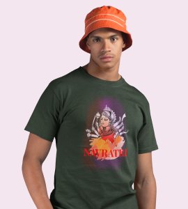 Durga maa idol printed unisex adults round neck cotton half-sleeve green tshirt specially for Navratri festival/ Durga puja