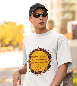 Rangoli mandala art (diya) printed diwali themed unisex round neck blended white t-shirt specially for diwali festival