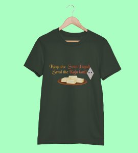 Keep the soan papdi printed diwali themed unisex round neck blended green t-shirt specially for diwali festival