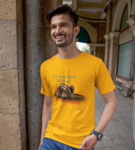 No harm to animal, diwali themed unisex round neck blended yellow t-shirt specially for diwali festival