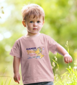 Gamer Dino, Boys Round Neck Blended Cotton Tshirt (baby pink)