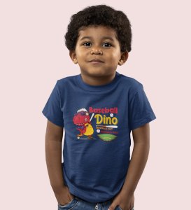 Baseballer Dino, Boys Round Neck Blended Cotton Tshirt
