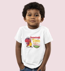 Baseballer Dino, Boys Round Neck Blended Cotton Tshirt
