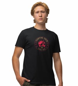 JD.TRENDS The Camping Crew Black Round Neck Cotton Half Sleeved Men's T-Shirt with Printed Graphics