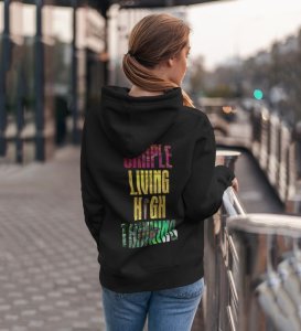 Elevate the Mind Simple Living High Thinking Black Cotton Printed Hoodie For Women