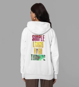 Elevate the Mind Simple Living High Thinking White Cotton Printed Hoodie For Women