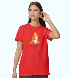 Adiyogi Red Round Neck Cotton Half Sleeved Women T-Shirt with Printed Graphics