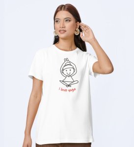 Love For Yoga White Round Neck Cotton Half Sleeved Women T-Shirt with Printed Graphics