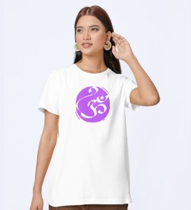 Om! White Round Neck Cotton Half Sleeved Women T-Shirt with Printed Graphics