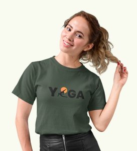 Yoga : The Strongest Path Green Round Neck Cotton Half Sleeved Women T-Shirt with Printed Graphics