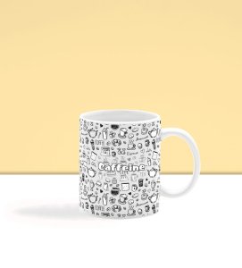 Scribbled Cafe Icons with Caffeine Word Art Printed Coffee Mug 250ml